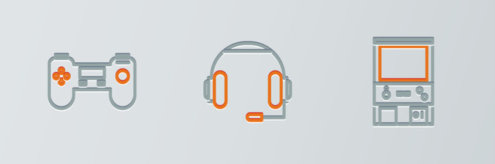 Poster - Set line Retro arcade game machine, Gamepad and Headphones icon. Vector