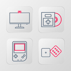 Poster - set line game dice, portable video game console, cd dvd disk in box and computer monitor icon. vecto