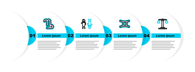 Set line Libra zodiac, Gemini, Pisces and Capricorn icon. Vector