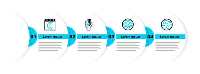 Set line Planet Mars, Venus, Palmistry of the hand and Moon phases calendar icon. Vector