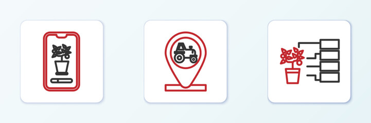 Set line Flower analysis, Smart control farming system and Tractor and location icon. Vector