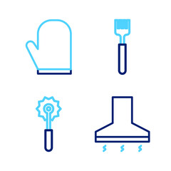 Poster - Set line Kitchen extractor fan, Pizza knife, Fork and Oven glove icon. Vector