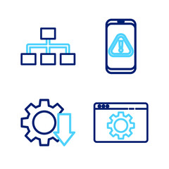 Poster - Set line Browser setting, Cost reduction, Mobile with exclamation mark and Hierarchy organogram chart icon. Vector