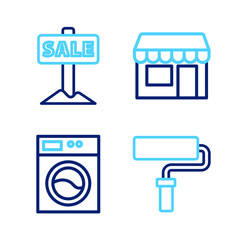 Sticker - Set line Paint roller brush, Washer, Market store and Hanging sign with Sale icon. Vector