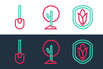 Sticker - Set line Shield corn, Shovel and Tree icon. Vector