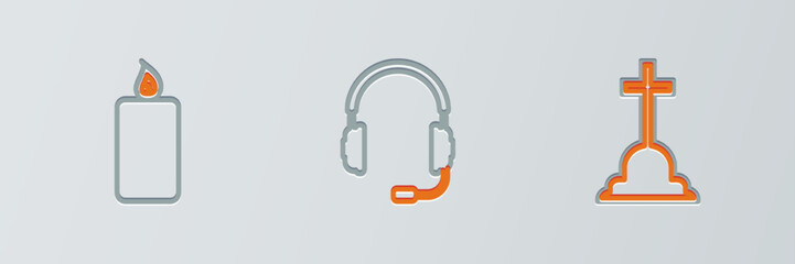 Sticker - Set line Tombstone with cross, Burning candle and Headphones microphone icon. Vector