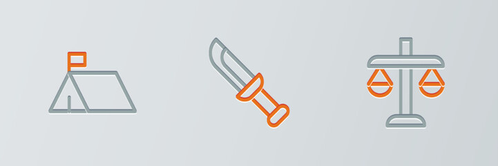 Sticker - Set line Scales of justice, Protest camp and Military knife icon. Vector