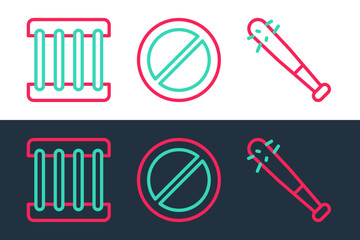 Sticker - Set line Baseball bat with nails, Prison window and Ban icon. Vector