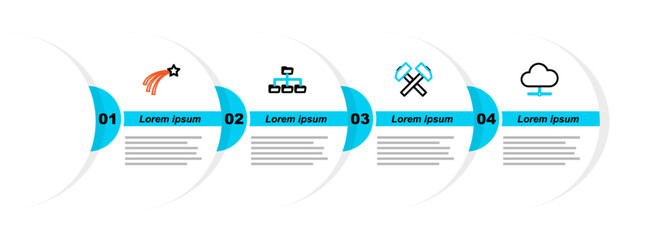Poster - Set line Network cloud connection, Two crossed hammers, Folder tree and Falling star icon. Vector
