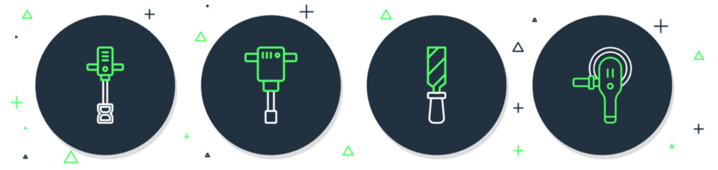 Poster - Set line Construction jackhammer, Rasp metal file, Electrical hand concrete mixer and Angle grinder icon. Vector