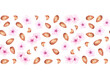 Design with watercolor almond and blooms. Hand drawn pink flowers and nuts. Seamless banner for packaging, label, card, stationery.