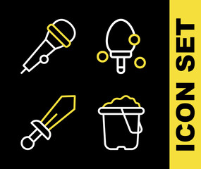 Poster - set line racket, sand in bucket, sword toy and microphone icon. vector