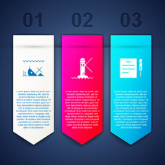 Sticker - Set Sunken ship, Lighthouse and Feather pen and scroll. Business infographic template. Vector