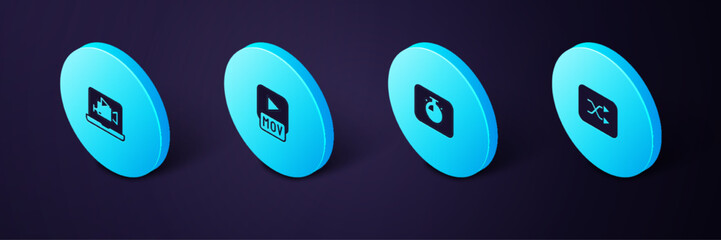 Poster - Set Isometric Arrow shuffle, Stopwatch, MOV file and Online play video icon. Vector