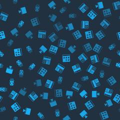 Poster - set computer monitor screen, debugging, browser files and coffee cup go on seamless pattern. vector