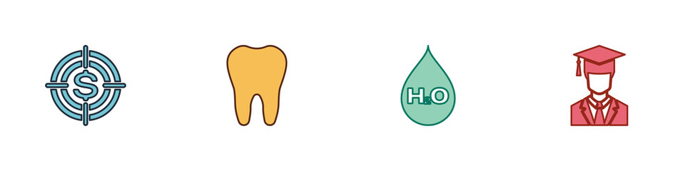 Sticker - Set Target with dollar, Tooth, Water drop H2O and Graduate graduation cap icon. Vector