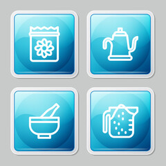 Sticker - Set line Pack full of seeds of plant, Watering can, Mortar and pestle and Measuring cup icon. Vector