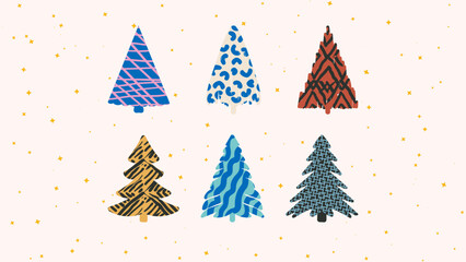 Wall Mural - Vector set of Ornate Trendy Christmas Trees, Hand Drawn Elements for Social Media and Web Design.	