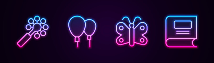 Wall Mural - Set line Rattle baby toy, Balloons, Butterfly and Book. Glowing neon icon. Vector