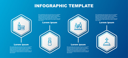 Sticker - Set line Church building, Priest, Burning candles and Tombstone with cross. Business infographic template. Vector