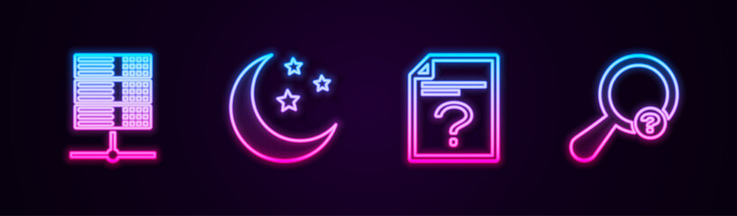 Sticker - Set line Server, Data, Web Hosting, Moon and stars, Unknown document and search. Glowing neon icon. Vector