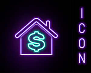 Fototapete - Glowing neon line House with dollar symbol icon isolated on black background. Home and money. Real estate concept. Colorful outline concept. Vector