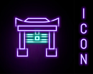 Poster - Glowing neon line Japan Gate icon isolated on black background. Torii gate sign. Japanese traditional classic gate symbol. Colorful outline concept. Vector