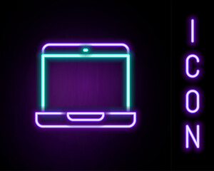 Sticker - Glowing neon line Laptop icon isolated on black background. Computer notebook with empty screen sign. Colorful outline concept. Vector