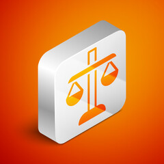 Sticker - Isometric Scales of justice icon isolated on orange background. Court of law symbol. Balance scale sign. Silver square button. Vector