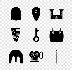 Sticker - Set Executioner mask, Shield, Castle, Medieval iron helmet, Cup from the skull, spear, and Old key icon. Vector