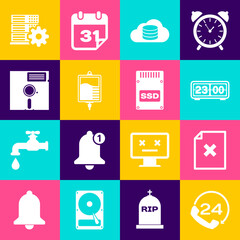 Poster - Set Telephone 24 hours support, Delete file document, Retro flip clock, Cloud database, IV bag and Floppy disk in the 5.25-inch icon. Vector