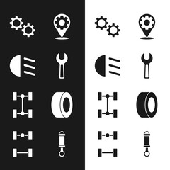 Poster - Set Wrench spanner, High beam, Gear, Car service, Chassis car, tire, Shock absorber and icon. Vector