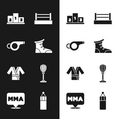 Sticker - Set Sport boxing shoes, Whistle, Award over sports winner podium, Boxing ring, Japanese costume Kimono, Punching bag, and Fight club MMA icon. Vector