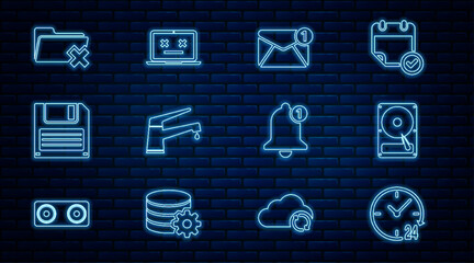 Poster - Set line Clock 24 hours, Hard disk drive HDD, New, email incoming message, Water tap, Floppy, Delete folder, Bell and Dead laptop icon. Vector