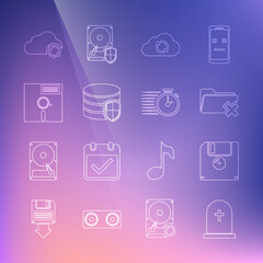 Poster - Set line Tombstone with cross, Floppy disk, Delete folder, Cloud sync refresh, Database protection, in the 5.25-inch, and Stopwatch icon. Vector