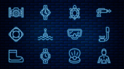 Poster - Set line Wetsuit for scuba diving, Snorkel, Turtle, Floating buoy, Lifebuoy, Photo camera diver, Diving mask and watch icon. Vector