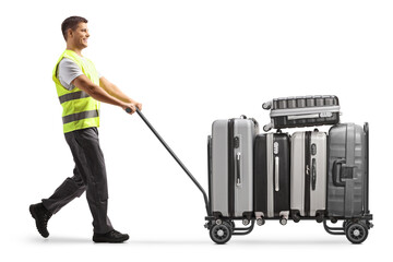 Sticker - Airport worker pushing a luggage cart with suitcases