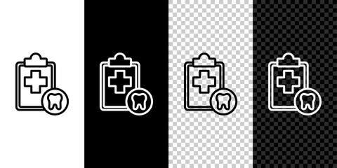 Sticker - Set line Clipboard with dental card or patient medical records icon isolated on black and white background. Dental insurance. Dental clinic report. Vector