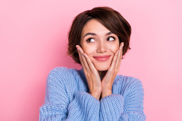 Poster - Photo of cute gorgeous lady hands on cheeks look minded empty space isolated on pink color background