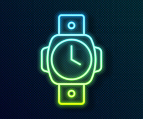 Wall Mural - Glowing neon line Diving watch icon isolated on black background. Diving underwater equipment. Vector