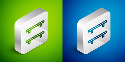 Poster - Isometric line Empty wooden shelves icon isolated on green and blue background. Silver square button. Vector