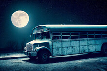 A School Bus Was Abandoned Overnight Under The Light Of The Full Moon. It Was A Mysterious And Frightening Scene For The Children And The Schoolboys.