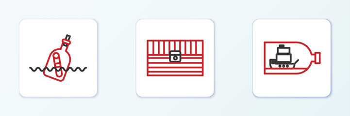 Poster - Set line Bottle with ship inside, message water and Antique treasure chest icon. Vector
