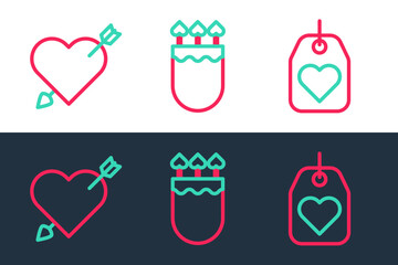 Sticker - Set line Heart tag, Amour with heart and arrow and Quiver arrows icon. Vector