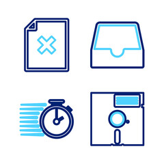 Poster - set line floppy disk in the 5.25-inch, stopwatch, social media inbox and delete file document icon. 