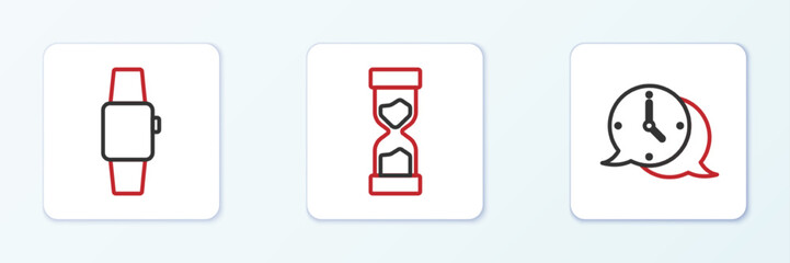 Sticker - Set line Clock speech bubble, Smartwatch and Old hourglass icon. Vector