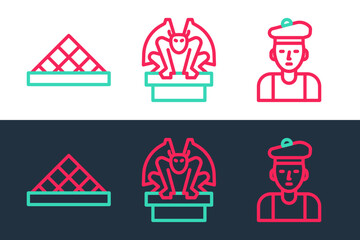 Sticker - Set line French man, Louvre museum and Gargoyle on pedestal icon. Vector