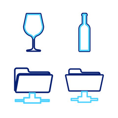 Poster - set line ftp folder, bottle of wine and wine glass icon. vector