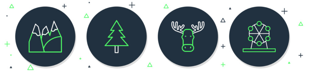 Poster - Set line Christmas tree, Moose head with horns, Mountains and Ferris wheel icon. Vector