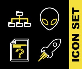 Poster - set line alien, rocket ship with fire, unknown document and folder tree icon. vector